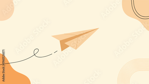 Minimalist paper airplane flies through the air leaving a dotted trail over a background with soft abstract shapes and warm colors.