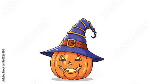 Bright orange jack-o-lantern pumpkin wears a tall purple witch hat with a buckle for a classic and fun Halloween holiday character.