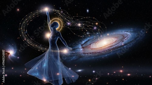 Mystical female figure releasing cosmic energy in galaxy with spiral stars and light particles