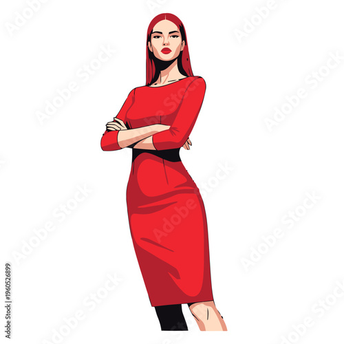 Confident professional woman with red hair wearing a red dress