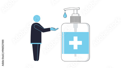 Simple illustration shows a person using a large bottle of hand sanitizer with a pump for hygiene and disease prevention concepts.