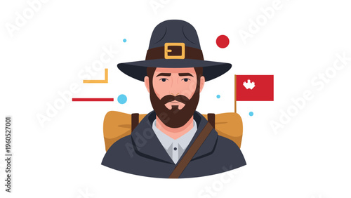 Bearded traveler with a wide-brimmed hat and backpack stands against abstract shapes and a Canadian flag for adventure and exploration.