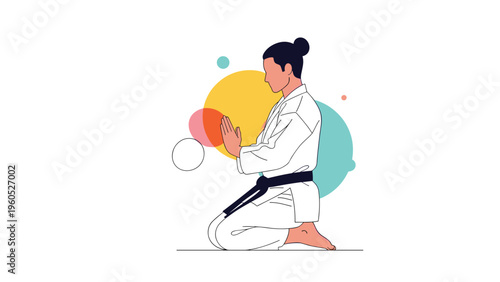 Martial arts practitioner in a white gi and black belt kneels in a traditional meditative pose against an abstract colorful backdrop.
