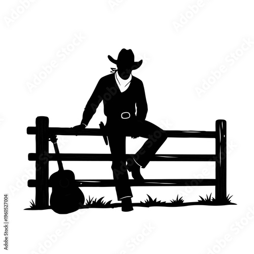 Silhouette of a cowboy sitting on a wooden fence with a guitar