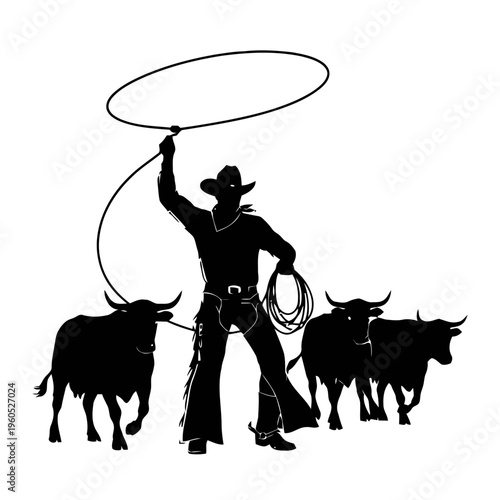 Silhouette of a cowboy with a lasso and cattle