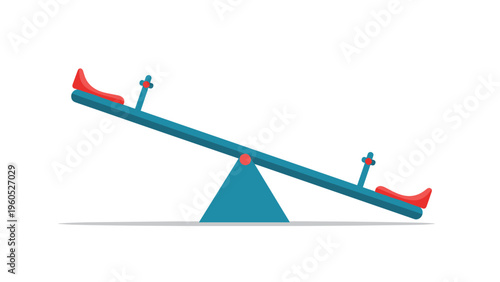 Classic blue see-saw with red seats is tilted on a white background for playground equipment and childhood outdoor fun activities.