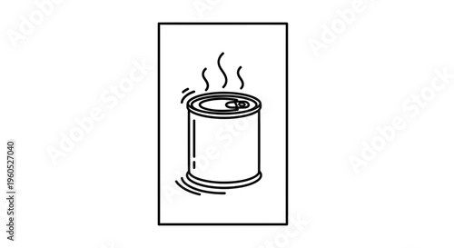 Minimalist monochrome icon of a steaming canned good, signifying heated contents or preparation