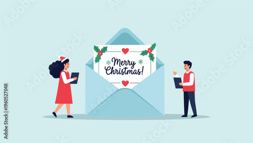 Two people in red outfits stand next to a giant envelope containing a merry christmas card for holiday greeting and mail concepts.