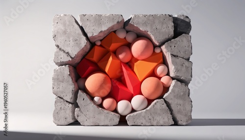 minimalist abstract composition broken concrete wall colorful spheres