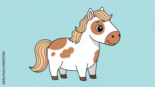 Adorable cartoon pony with brown spots and a flowing mane stands on a blue background for children-themed animal illustrations.