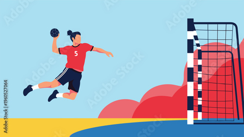 Male handball player jumps in the air while preparing to throw the ball into the goal during a fast-paced team sports competition.