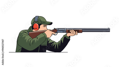 Shooter aims a shotgun while wearing a green hunting jacket and protective ear muffs for clay target shooting and sports activity.
