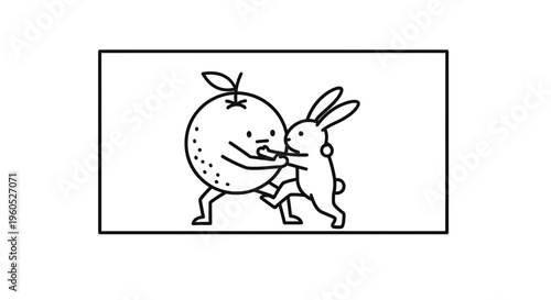 Charming line art of a humorous interaction between a cheerful orange and a mischievous rabbit