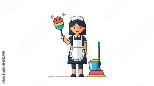 Cheerful professional housemaid character holding a feather duster while standing next to her cleaning supplies.