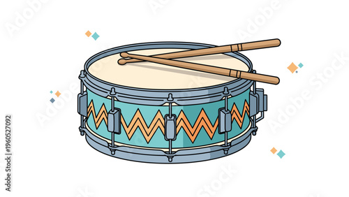 Professional musical snare drum instrument with wooden drumsticks resting on top for a rhythmic performance stage.