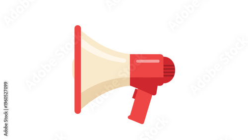 Plastic red and white megaphone bullhorn icon isolated on a white background used for public announcements or protest.