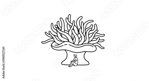 Minimalist illustration of a solitary figure finding calm beneath a vast tentacled marine organism
