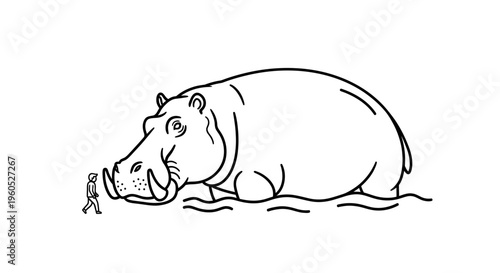 A striking line art illustration portraying a colossal hippopotamus observing a diminutive human