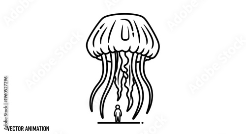 Minimalist Vector Illustration of Colossal Jellyfish Dwarfing a Tiny Human Figure Emphasizing Scale