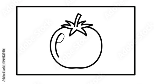 Simple black outline drawing of a fresh tomato with stem and leaves perfect for coloring or icon