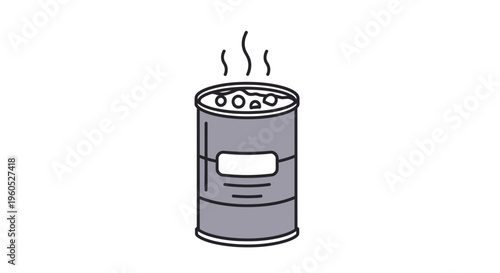 A warm meal in a can, ready to be enjoyed, depicted with simple lines and steam rising