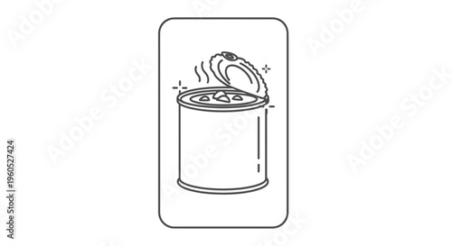 A minimalist line art illustration depicting an opened metal can with hot food and steam rising