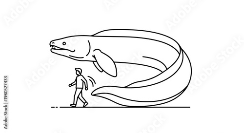 A striking line art illustration showcasing a tiny person walking calmly alongside an enormous