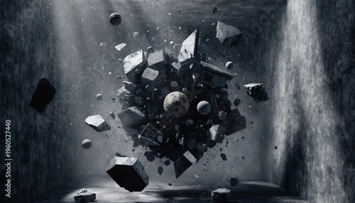 explosion in a dark room with debris flying everywhere