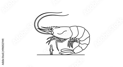 A whimsical line art illustration depicting an extraordinarily gigantic shrimp towering over a