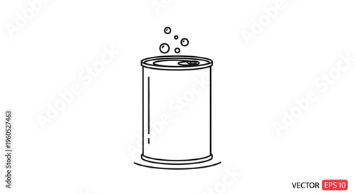 Minimalist outline illustration of a refreshing carbonated beverage can with effervescent bubbles