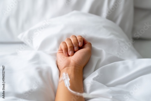 Wallpaper Mural Patient Recovery Scene After Surgery with Arm Resting on Comfortable White Bedding Torontodigital.ca