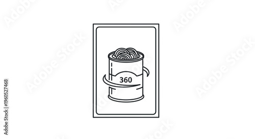 Minimalist line art icon illustrating a 360-degree product view of a canned item for digital
