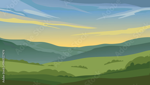 Stylized landscape with rolling hills and a colorful sunset sky