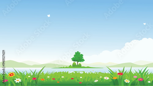 Serene landscape with a lone tree and vibrant wildflowers