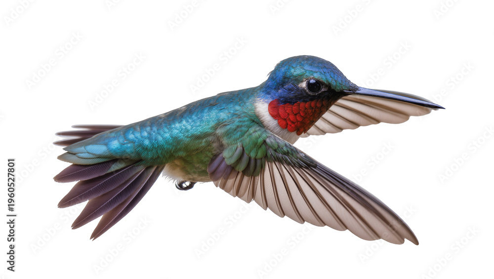 Fototapeta premium Iridescent ruby-throated hummingbird with spread wings hovering, isolated on transparent background