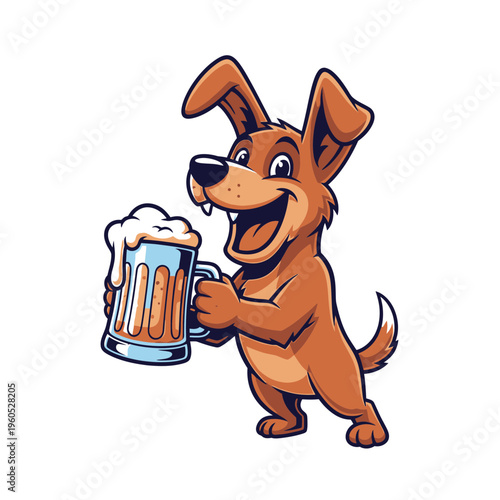 Happy cartoon dog holding a frothy beer mug.