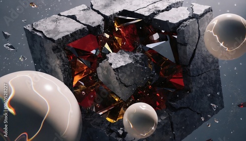 Shattered concrete cube revealing translucent glass spheres