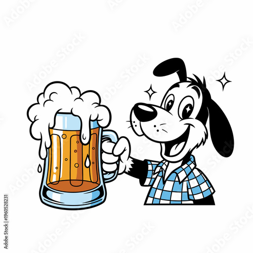 Happy cartoon dog holding a large mug of beer.