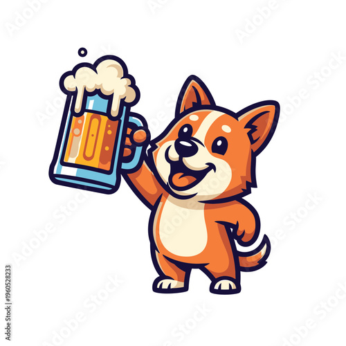 Happy cartoon dog holding a large mug of frothy beer.