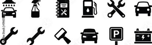 Black and white car service and repair icons set