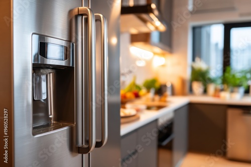 Wallpaper Mural Modern Refrigerator Door Handle with Fingerprint Sheen in Family Kitchen Setting Torontodigital.ca