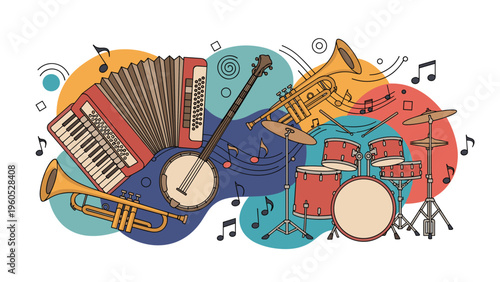 Vibrant collage of various musical instruments including a drum set, accordion, banjo, and trumpet surrounded by floating musical notes and shapes.