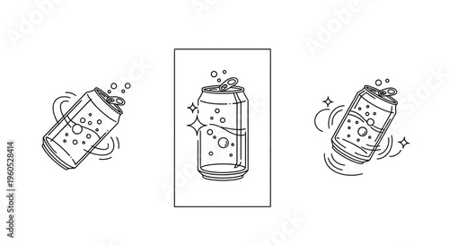 Dynamic black and white line art illustrations of refreshing canned beverages with lively bubbles