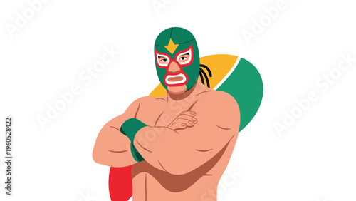 Strong mexican luchador wrestler wearing a green and red mask with arms crossed standing in a confident pose against a colorful background.
