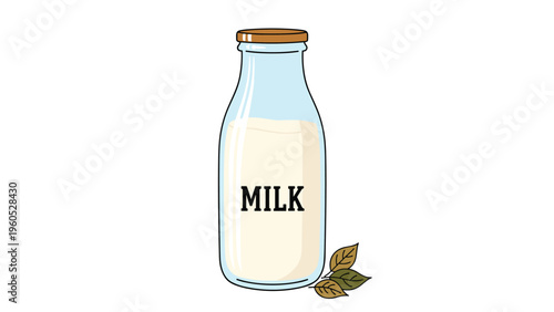 Glass bottle of fresh white milk with a brown wooden cap and small green leaves at the base representing organic and natural dairy products.