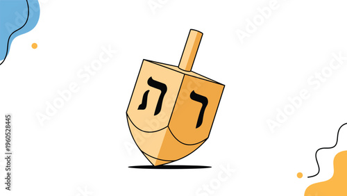 Traditional wooden dreidel spinning on a surface with hebrew letters shown against a background of abstract blue and orange decorative shapes.