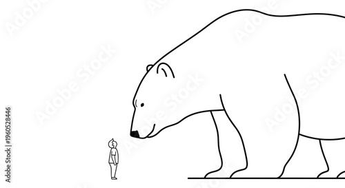 Encounter of vastly different scales: a tiny human observing a colossal bear in a minimalist drawing