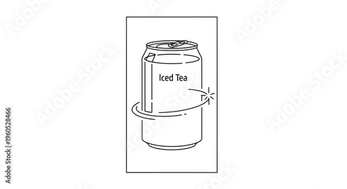 Minimalist black and white line art illustration of an iced tea can with sparkling coolness element