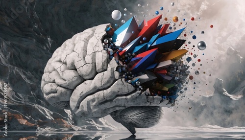 conceptual visualization of a brain breaking open with colorful shards