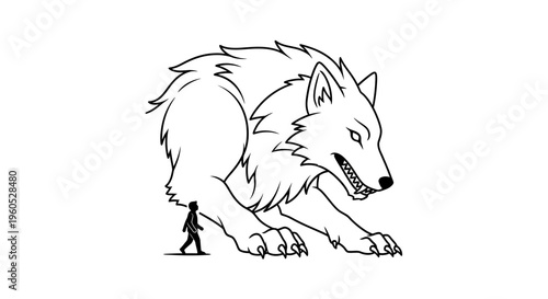 Colossal canine beast menacing tiny human figure in stark black and white illustration